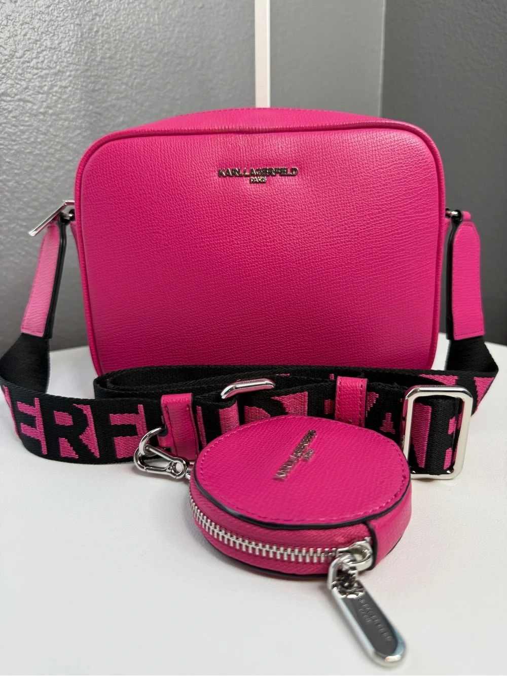 Karl Lagerfeld Hot Pink Crossbody Bag with Black Logo Strap